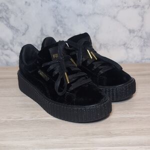 Puma Black Velvet Platform Sneakers with Gold Accents